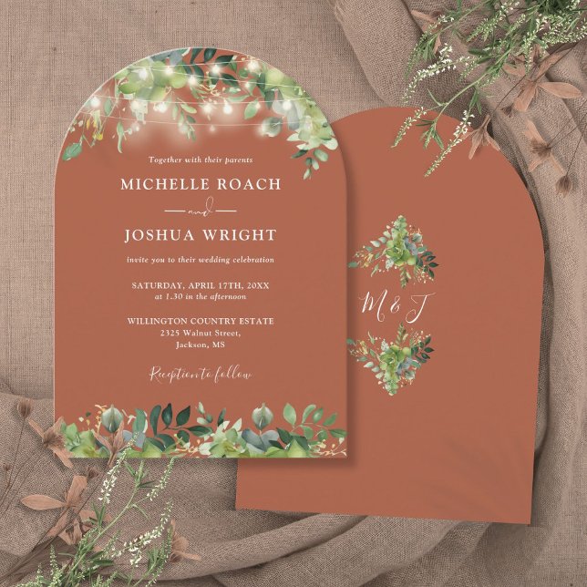 Greenery Lights Monogram Terracotta Wedding Invitation (Greenery Lights Monogram Terracotta Wedding Invitation)