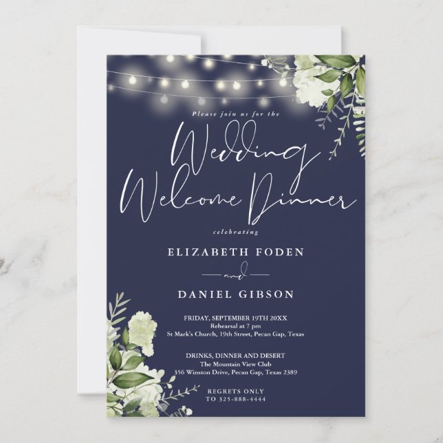 Greenery Lights Navy Blue Wedding Welcome Dinner Invitation (Front)