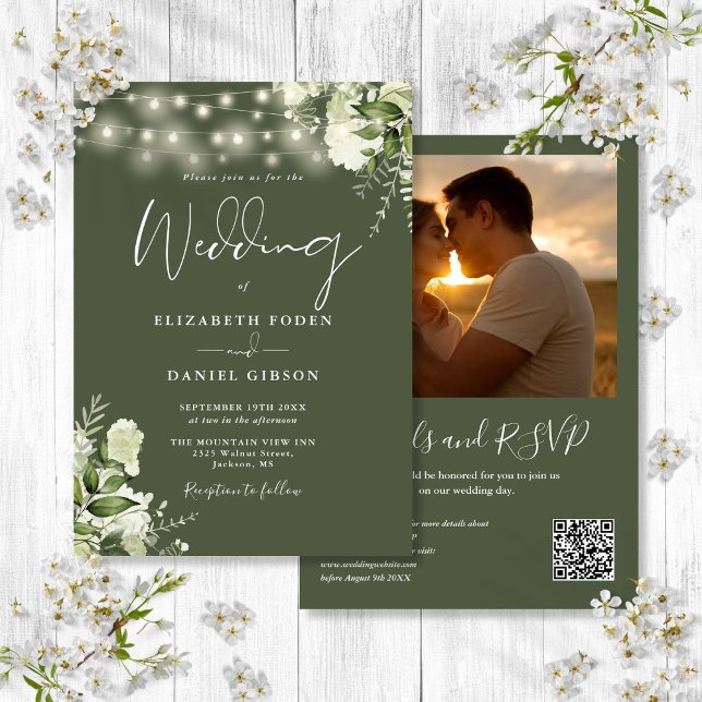Greenery Lights QR Code Photo Olive Green Wedding Invitation (Greenery Lights QR Code Photo Olive Green Wedding Invitation)