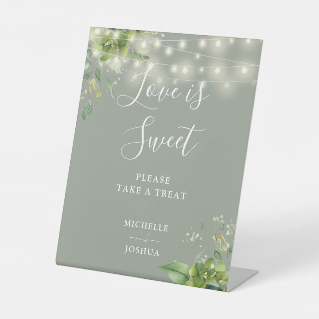Greenery Lights Sage Green Love Is Sweet Favours Pedestal Sign (Front)
