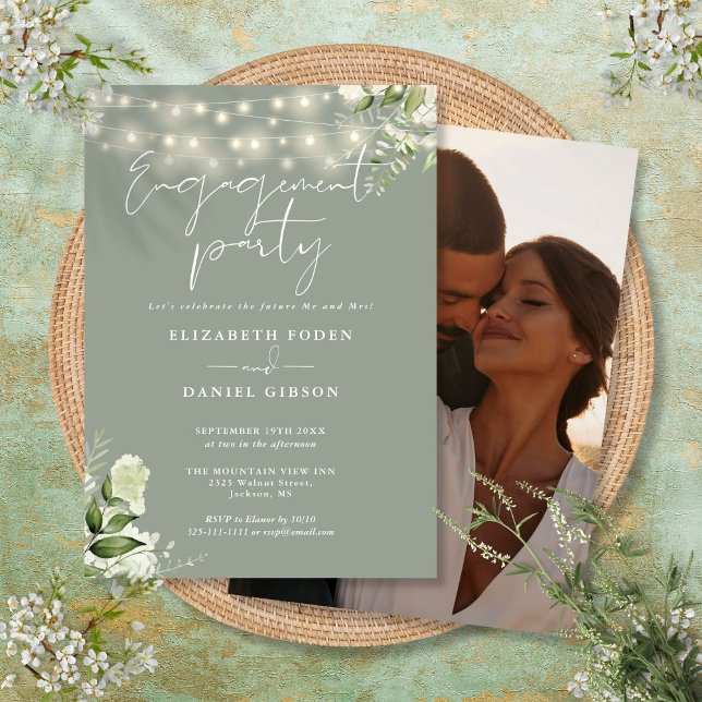 Greenery Lights Sage Green Photo Engagement Party Invitation (Greenery Lights Sage Green Photo Engagement Party Invitation)