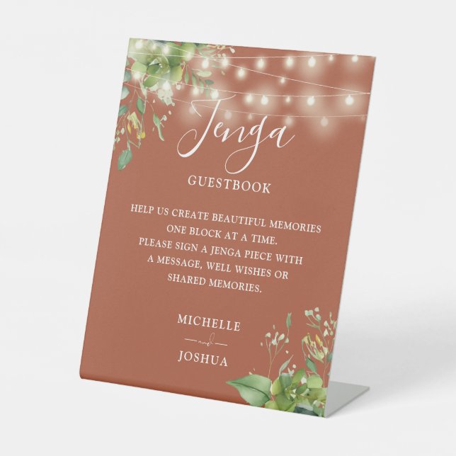 Greenery Lights Terracotta Jenga Wedding Guestbook Pedestal Sign (Front)