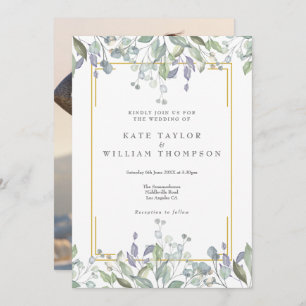 Greenery Lilac Watercolor Floral Photo Wedding Invitation