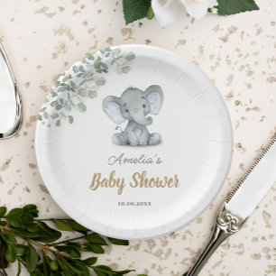 Greenery Little Elephant Baby Shower Paper Plate