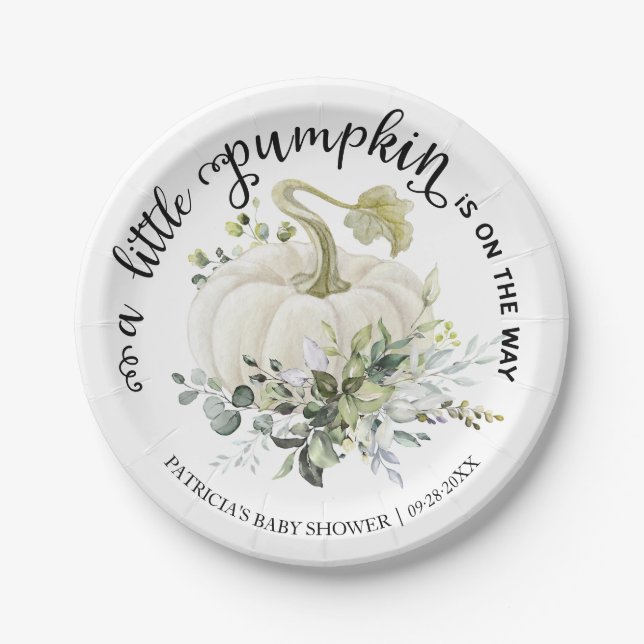 Greenery Little Pumpkin Fall Baby Shower Paper Plate (Front)