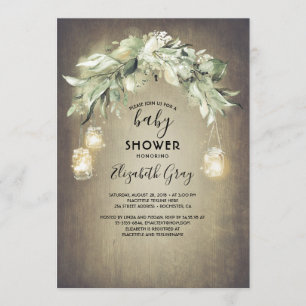 Greenery Mason Jar Lights Rustic Baby Shower Invitation