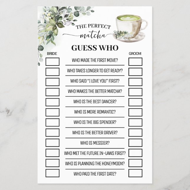 Greenery Matcha Guess Who Bridal Shower Game Card (Front)