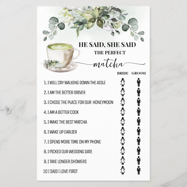 Greenery Matcha He Said She Said Shower Game Card (Front)
