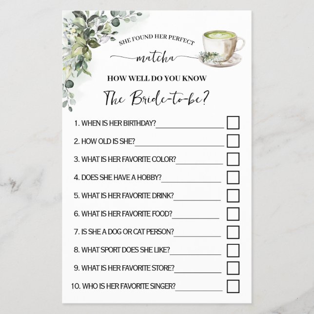 Greenery Matcha How Well Do You Know Her Game Card (Front)