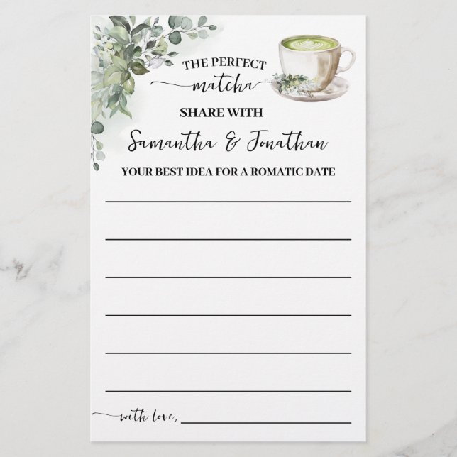 Greenery Matcha Share a Date Idea Shower Game Card (Front)