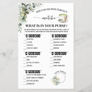 Greenery Matcha What is in Purse Shower Game Card