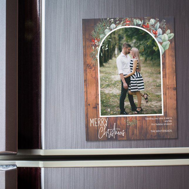 Greenery Merry Christmas Arch Photo Cherry Wood (You will love these beautiful Christmas cards! They feature botanical watercolor pine and berries.)