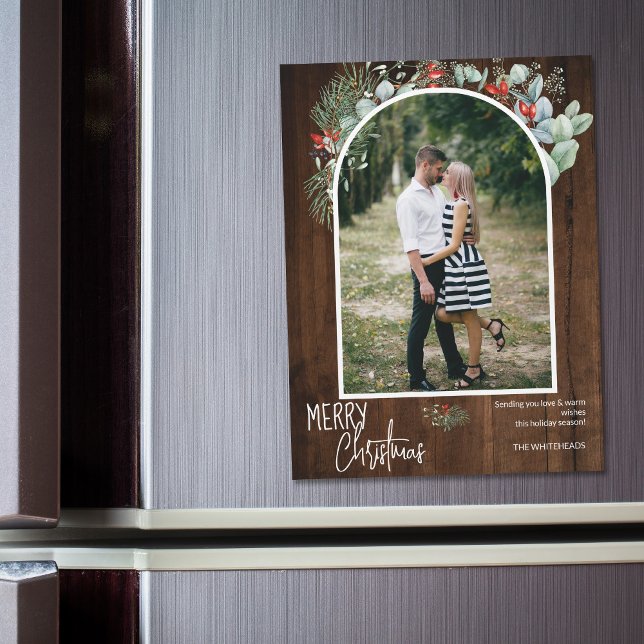 Greenery Merry Christmas Arch Photo Dark Wood (You will love these beautiful Christmas cards! They feature botanical watercolor pine and berries.)