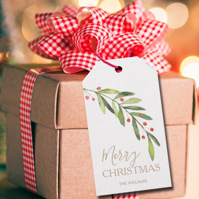 Greenery Merry Christmas Gift Tags (Greenery branch and berries Merry Christmas gift/favor tags personalized with your names)