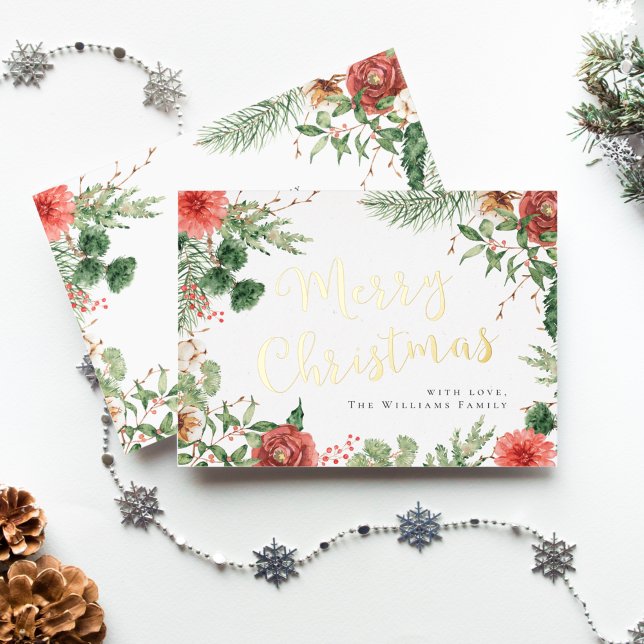 Greenery Merry Christmas Gold Foil Holiday Card (Creator Uploaded)