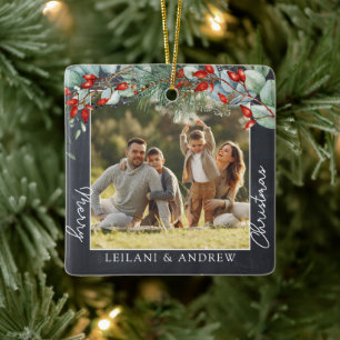Greenery Merry Christmas Photo Chalkboard Ceramic Ornament