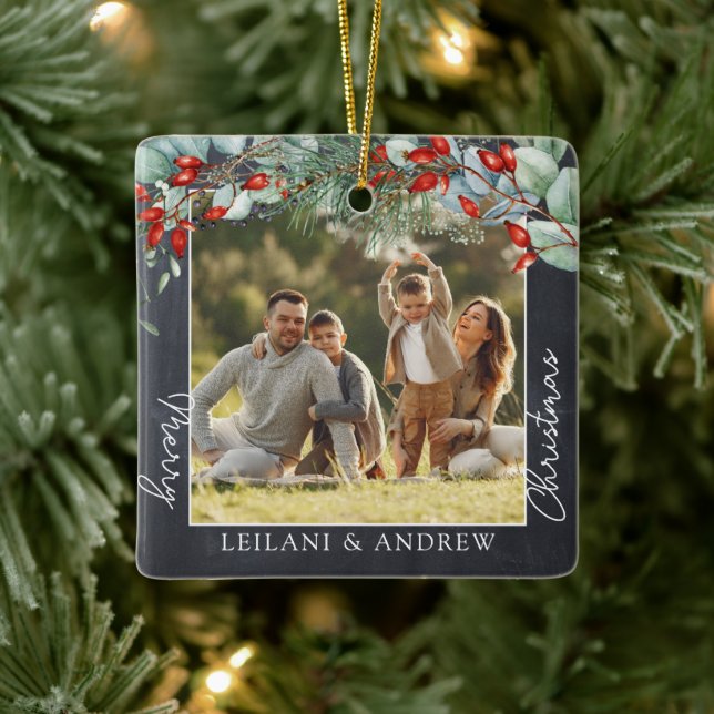  Greenery Merry Christmas Photo Chalkboard Ceramic Ornament (Tree)