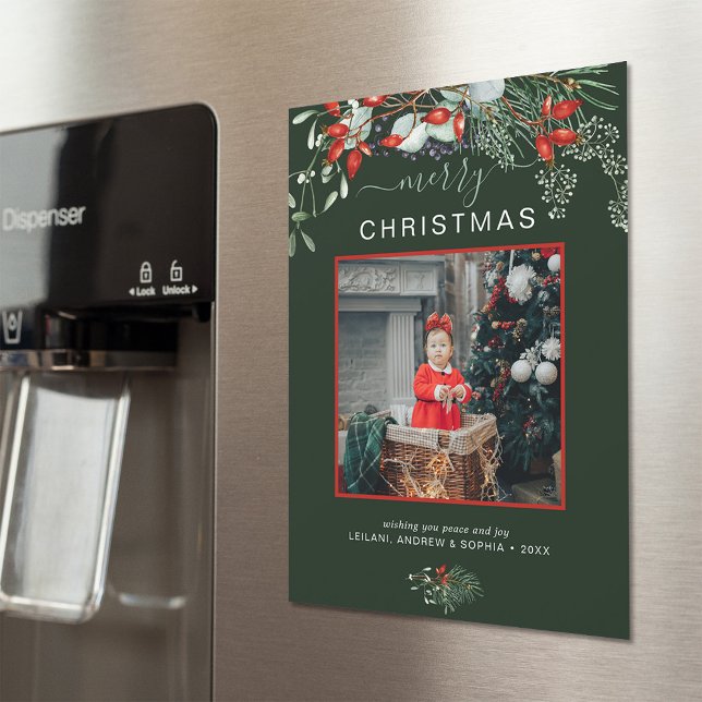 Greenery Merry Christmas Photo Green Holiday (You will love these beautiful Christmas cards! They feature botanical watercolor pine and berries.)