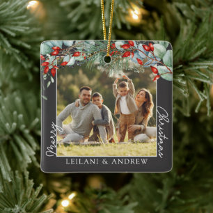 Greenery Merry Christmas Photo Grey Ceramic Ornament