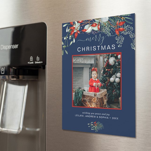 Greenery Merry Christmas Photo Navy Blue Holiday (You will love these beautiful Christmas cards! They feature botanical watercolor pine and berries.)