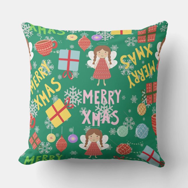 Greenery Merry Xmas text girly red yellow pattern  Cushion (Front)