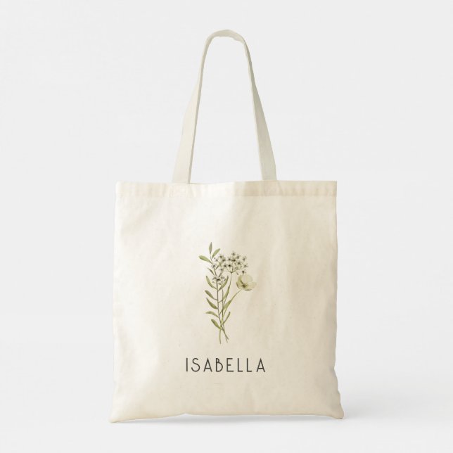 Greenery Minimal Floral Personalised Name Modern Tote Bag (Back)