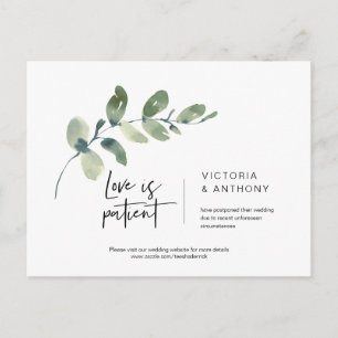 Greenery Minimal, Love is Patient, Wed Postponed Postcard
