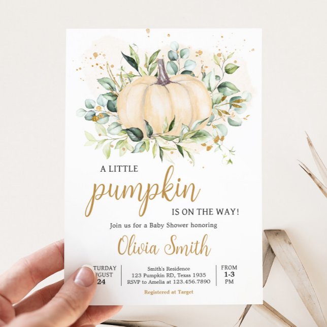 Greenery Minimalist Pumpkin Baby Shower Invitation (Greenery Gold Pumpkin Invitation
)