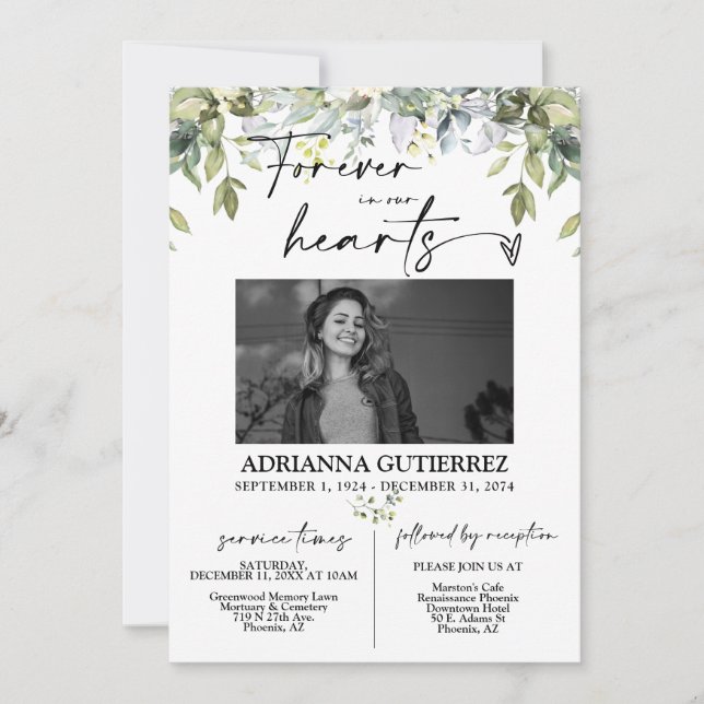 Greenery Minimalist Script Photo Funeral Memorial Invitation (Front)