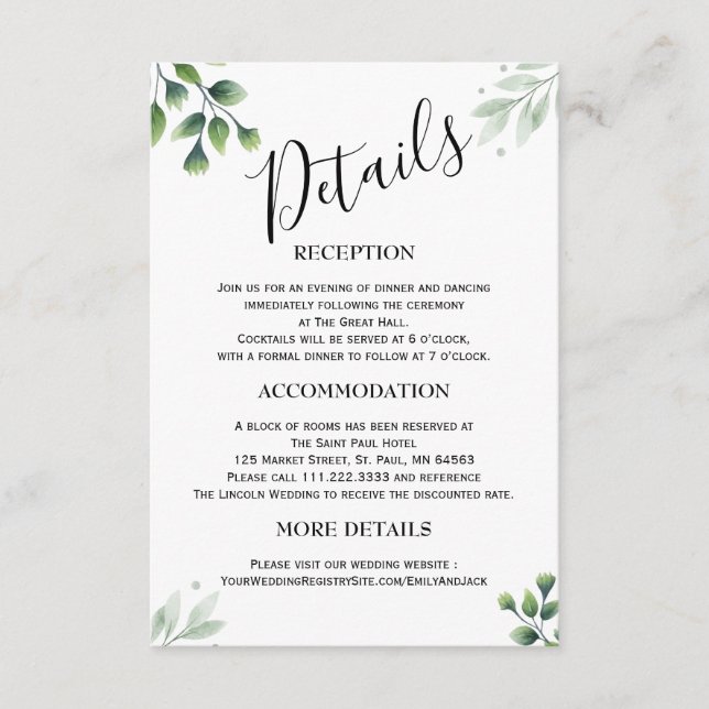 Greenery Minimalist Wedding Enclosure Cards (Front)