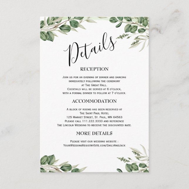 Greenery Minimalist Wedding Enclosure Cards (Front)