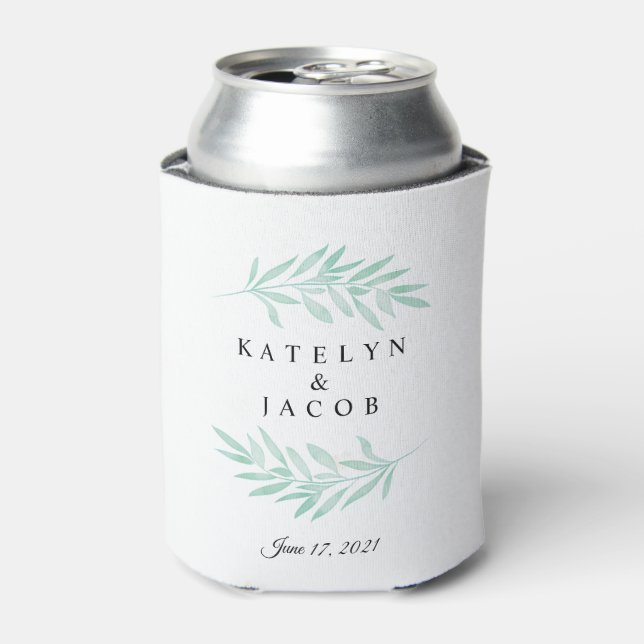Greenery Mint Watercolor Wedding Custom Can Cooler (Can Front)