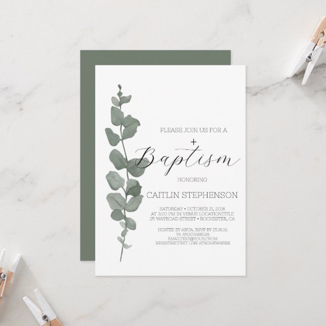  Greenery Modern Baptism Invitation (Front/Back In Situ)
