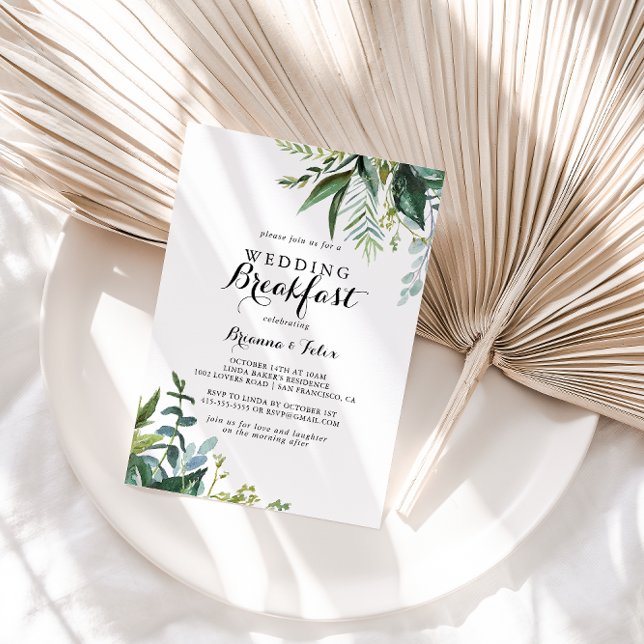 Greenery Modern Calligraphy Wedding Breakfast Invitation (Creator Uploaded)