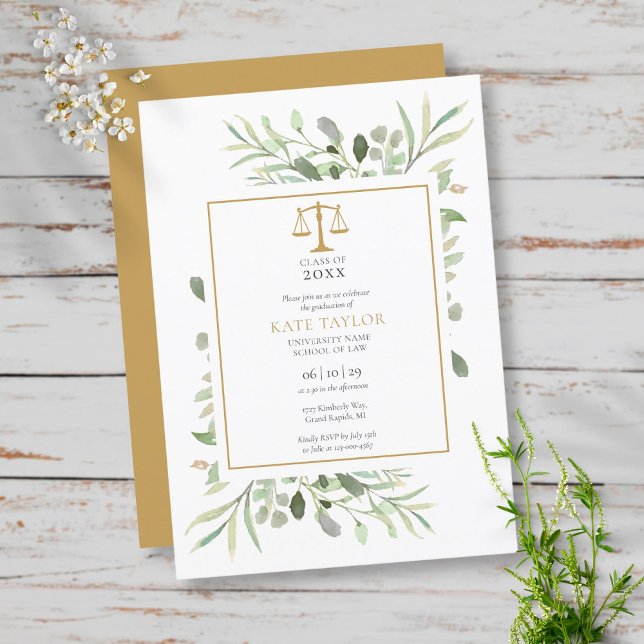 Greenery Modern Gold Law School Graduation Invitation (Creator Uploaded)