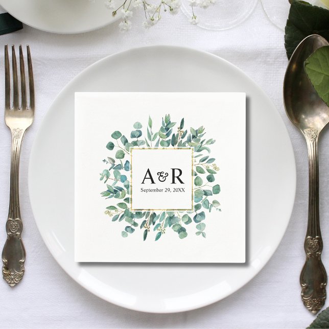 Greenery Modern Monogram Minimalist Wedding Napkin (Creator Uploaded)