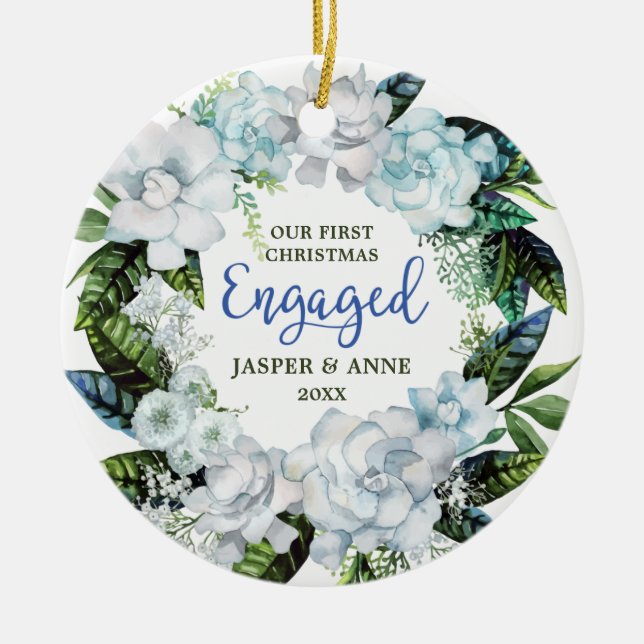 Greenery Modern Personalised Couple Engagement Ceramic Ornament (Front)