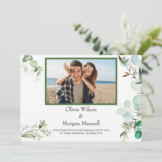 Greenery Modern Photo Save The Date Invitation (Standing Front)