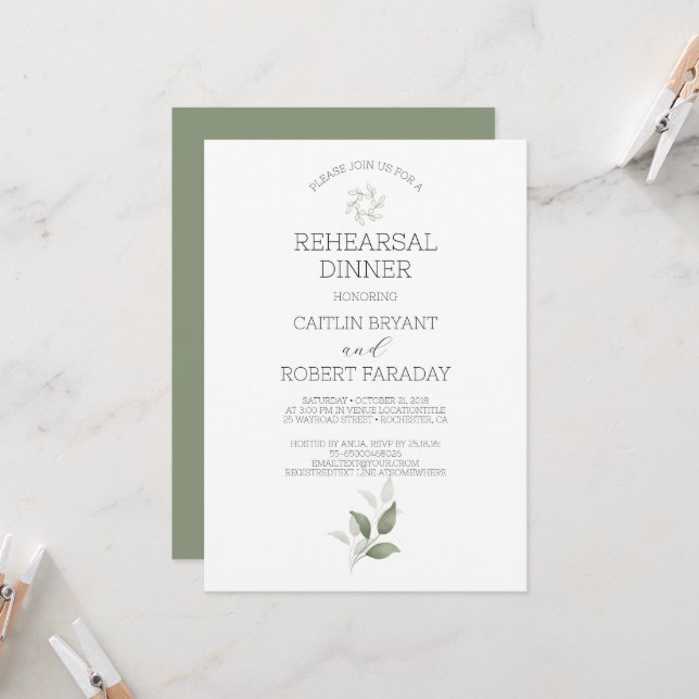  Greenery Modern Rehearsal Dinner Invitation (Front/Back In Situ)
