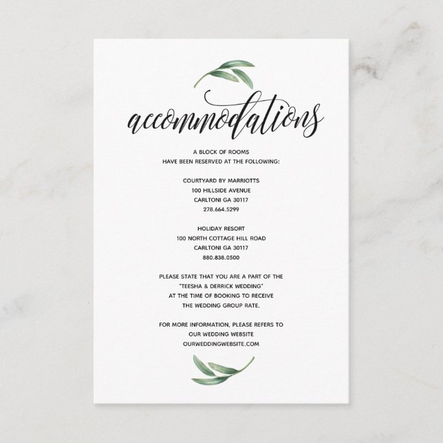 Greenery modern wedding accommodations card v1 (Front)