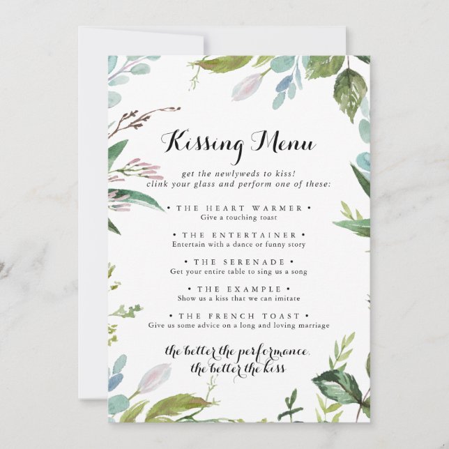 Greenery Modern Wedding Kissing Menu Game Card (Front)