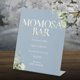 Greenery Momosa Bar Dusty Blue Baby Shower Pedestal Sign