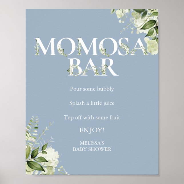 Greenery Momosa Bar Dusty Blue Baby Shower Poster (Front)