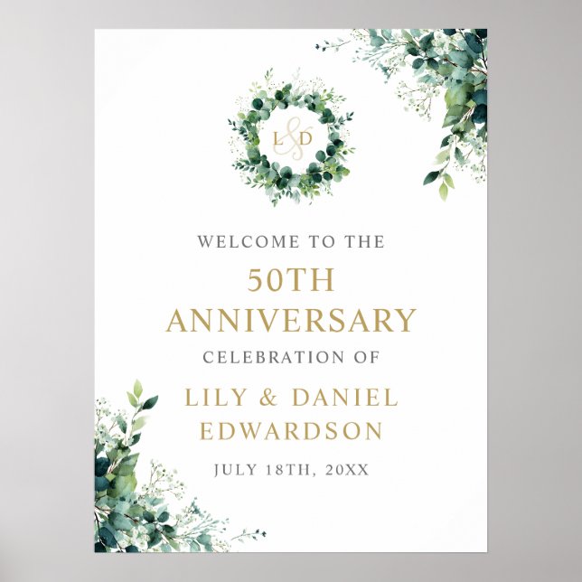 Greenery Monogram 50th Anniversary Welcome Sign (Front)