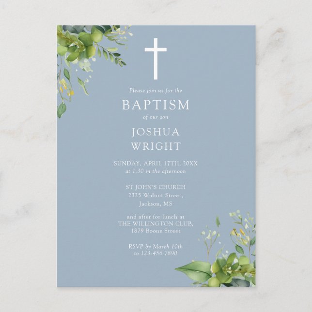 Greenery Monogram Baptism Dusty Blue Invitation Postcard (Front)