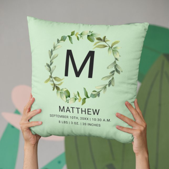 Greenery Monogram Birth Stats Newborn Baby  Cushion (Creator Uploaded)