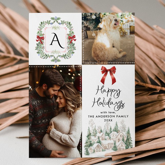 Greenery Monogram Crest Bow Happy Holidays 2 Photo Holiday Card (Creator Uploaded)