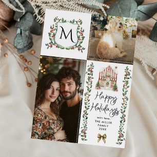 Greenery Monogram Crest Merry Christmas 2 Photo Holiday Card