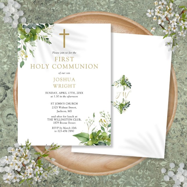 Greenery Monogram First Holy Communion Invitation Postcard (Greenery Monogram First Holy Communion Invitation Postcard)