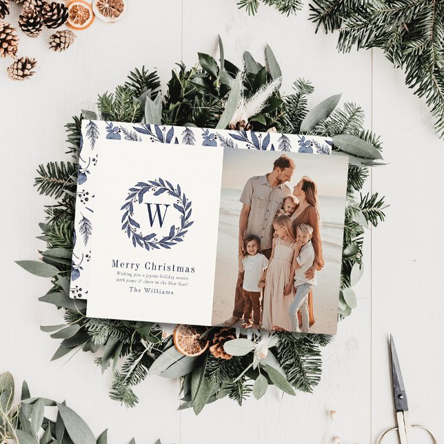 Greenery Monogram Navy Watercolor Christmas Photo Holiday Card (Creator Uploaded)